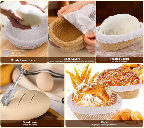 Ultimate Sourdough Starter Kit with proofing baskets, linen covers, bread lame, and finished sourdough loaves, perfect for home bakers