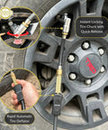 Heavy Duty Portable Air Compressor Tire Inflator Kit shows patented locking tire chuck and rapid automatic tire deflator attached to tire.