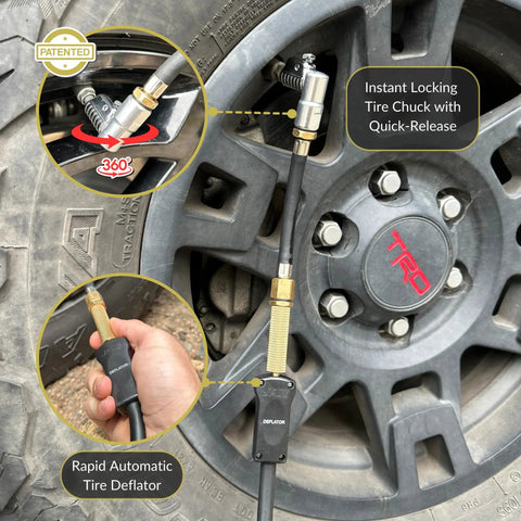 Heavy Duty Portable Air Compressor Tire Inflator Kit shows patented locking tire chuck and rapid automatic tire deflator attached to tire.