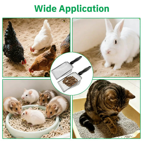 2 Pack Chicken Poop Scoopers For Coop Cleanup with dual mesh sizes, shown with chickens, rabbit, hamsters, and cat.