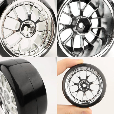 One-Tenth Scale RC On Road Tires And Wheels Set For Dope Drift Racing, silver finish, 62mm dia., 26mm width, 4 piece