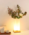 Vase Table Lamp With Frosted Glass Shade And Wood Base Dimmable 3 Color LED Bedside Light USB Charge Artistic Vase Lamp For Bedroom Decor DIY Petals To Create Cozy Vibe next to teapot and calendar