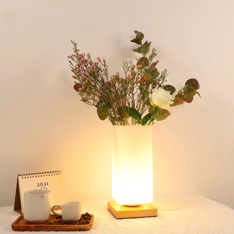 Vase Table Lamp With Frosted Glass Shade And Wood Base Dimmable 3 Color LED Bedside Light USB Charge Artistic Vase Lamp For Bedroom Decor DIY Petals To Create Cozy Vibe next to teapot and calendar