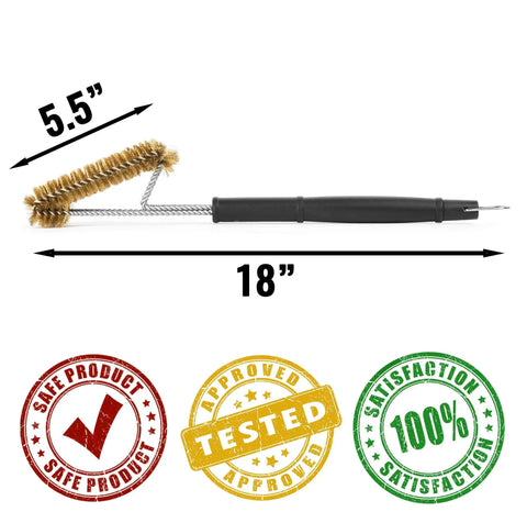 Soft Bristle Brass Grill Brush For Grilling On Outdoor Grills Safe BBQ Cleanup No Wire Shedding Porcelain And Ceramic Grates Faster Scrub No Brainer Cleanup Grate Cleaning Tool For All Grate Types showing 18-inch length and approval badges