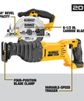 20V Max Cordless Tool Combo Kit With Circular Saw and Reciprocating Saw, showing blade clamp and bevel capacity features.