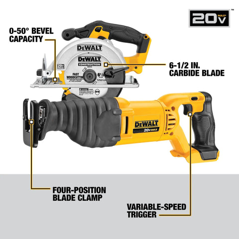 20V Max Cordless Tool Combo Kit With Circular Saw and Reciprocating Saw, showing blade clamp and bevel capacity features.