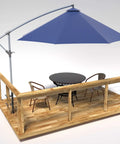 Stainless Steel Deck Rail Umbrella Mount For Patio Tables And Offset Umbrellas shown on wooden deck with blue umbrella.