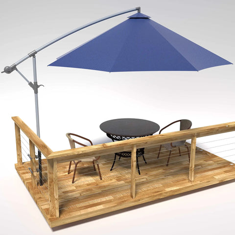 Stainless Steel Deck Rail Umbrella Mount For Patio Tables And Offset Umbrellas shown on wooden deck with blue umbrella.