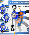 Beefy Heavy Duty Lever Chain Hoist 1650 Lbs Capacity, 10 Ft Chain Puller, rotational feature, control lever, and hooks visible