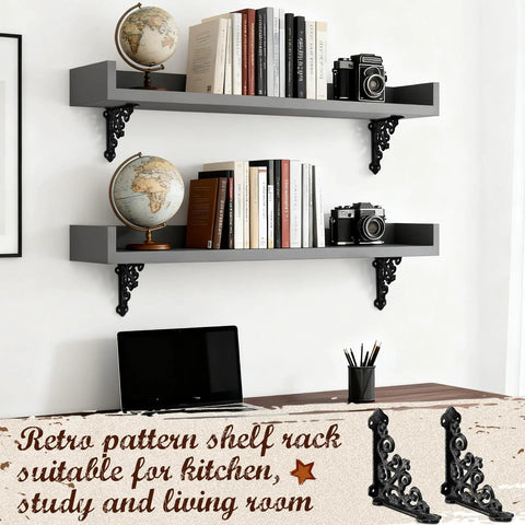 Straight Up Heavy Duty Cast Iron Shelf Brackets Sweet Antique Black Metal Braces holding shelves with books and globes.