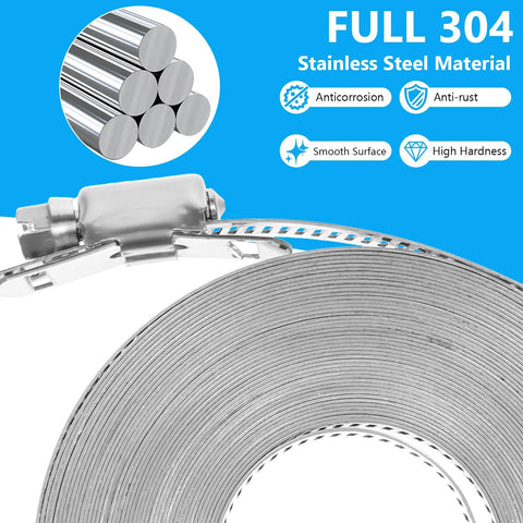 33ft 304 stainless steel hose clamp assortment kit with worm-gear clamps and 24 fasteners for pipes, ducts, tubes