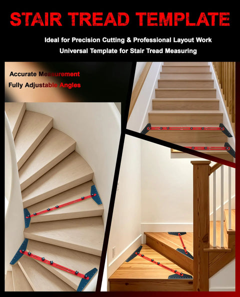 Adjustable Stair Tread Template Angle Finder With Heavy Duty Aluminum Frame And Grippy Rubber Pads Delivering Dead On Measurements For No Sweat Woodworking And Weekend Repair Jobs on curved and straight staircases.