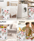 Blooming Pink Flowers Laundry Basket Round Hamper For Girls Room And Nursery Toy Storage Dirty Clothes Organizer Floral Pink Flower Design Soft Fabric Hamper With Handles shown in various settings.