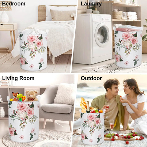 Blooming Pink Flowers Laundry Basket Round Hamper For Girls Room And Nursery Toy Storage Dirty Clothes Organizer Floral Pink Flower Design Soft Fabric Hamper With Handles shown in various settings.
