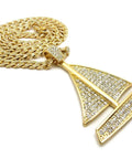 Gold Tone Sailing Yacht Pendant On 10mm Cuban Chain Necklace, 30 Inch Iced Out Bling Jewelry For Men, Ocean Yacht Pendant