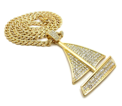 Gold Tone Sailing Yacht Pendant On 10mm Cuban Chain Necklace, 30 Inch Iced Out Bling Jewelry For Men, Ocean Yacht Pendant