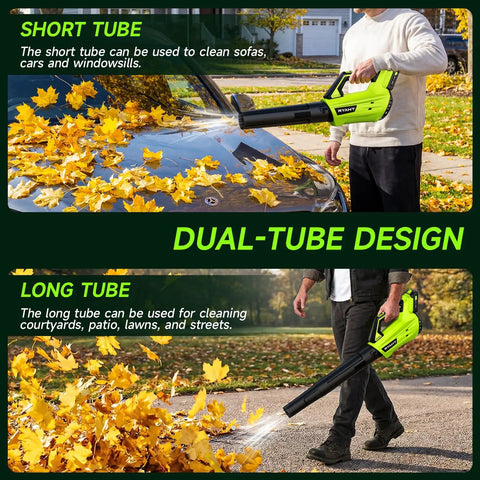 Cordless Leaf Blower With Battery And Charger, 20V Power, Dual Speed Modes, Lightweight Electric Blower For Leaves, Lawn Cleanup, Patio Dust And Debris, Includes Two Batteries, Easy Start, Green used with short and long tube attachments on fallen leaves.
