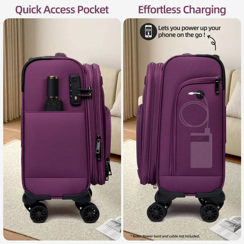 Underseat Carry On Luggage That Fits Under Airline Seats With Spinner Wheels, 16 Inch Softside Roller Bag, TSA Lock, Purple
