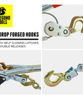 Three drop forged hooks on 2 Ton Heavy Duty Come Along Puller With 3 Hooks Dual Gear Power Ratchet Steel Cable Winch.