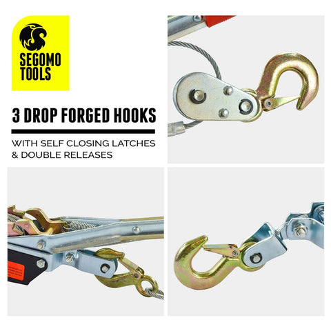 Three drop forged hooks on 2 Ton Heavy Duty Come Along Puller With 3 Hooks Dual Gear Power Ratchet Steel Cable Winch.