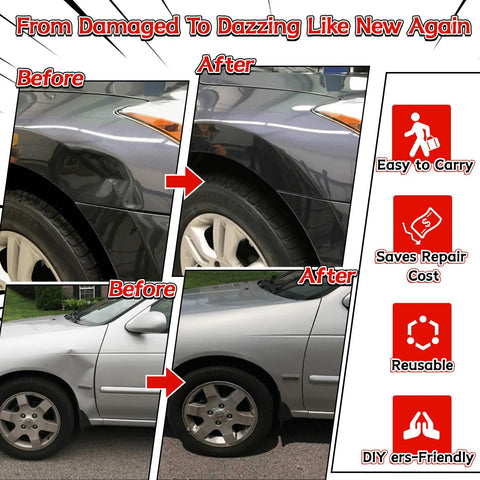 Pro Grade PDR Dent Repair Kit with 100W Glue Gun before and after car dent repair effectiveness comparison