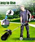 Gas Powered Handheld Sweeper For Driveways And Lawns, 2.3HP 52cc Outdoor Broom With Air Filter, Manual Puller, And High Density Nylon Brush, Wide 20 Inch Sweep For Snow, Leaves, Debris On Turf, Street, And Artificial Grass; man using it on lawn
