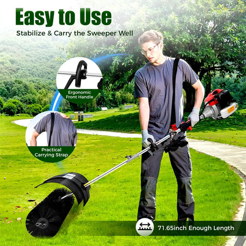 Man using Tough 52cc Gas Powered Handheld Sweeper With Cushioned Grip And Widened 20 Inch Nylon Brush on grass.