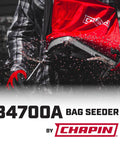 25 Pound Capacity Handheld Seed Spreader With Waterproof Bag Enclosed Gears Rear Baffle Adjustable Shoulder Strap And Multiple Spread Settings Red For Lawn Garden And Backyard Use displayed with seed distribution on red bag by Chapin.