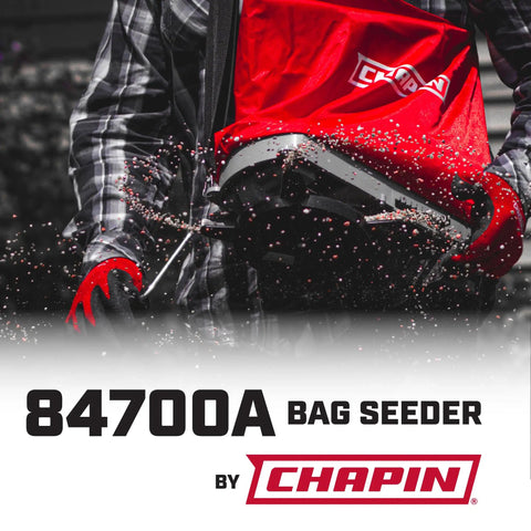 25 Pound Capacity Handheld Seed Spreader With Waterproof Bag Enclosed Gears Rear Baffle Adjustable Shoulder Strap And Multiple Spread Settings Red For Lawn Garden And Backyard Use displayed with seed distribution on red bag by Chapin.