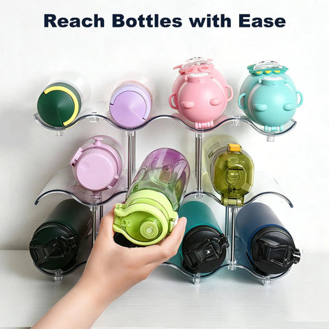 Hand accessing bottle in Three Tier Stackable Water Bottle Organizer With Large Compartments, Clear PET Bottle Holder For Cabinets