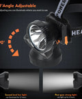 Ultra Bright Rechargeable Headlamp With Dual Modes LED Spotlight for camping, showing 90-degree adjustable feature and light intensity.