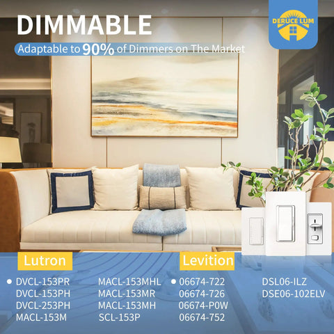 Living room with dimmable light switch compatible with Six Pack Ultra Thin 4 Inch LED Recessed Lights 5000K Cool White 9W