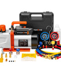 Shop Grind 1.5HP Dual Stage AC Vacuum Pump Paired With Four Port Manifold Gauge Set for HVAC refrigerant extraction and auto AC repair.