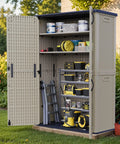 Beige Plastic Outdoor Storage Cabinet With Lockable Shed Waterproof All Weather Patio Tools Box 26 To 50 Cu Ft Capacity Two Shelf Garden Storage Unit For Your Yard Deck And Patio open with tools