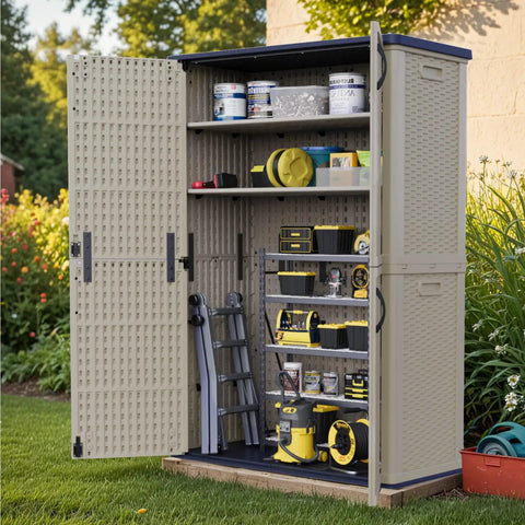 Beige Plastic Outdoor Storage Cabinet With Lockable Shed Waterproof All Weather Patio Tools Box 26 To 50 Cu Ft Capacity Two Shelf Garden Storage Unit For Your Yard Deck And Patio open with tools