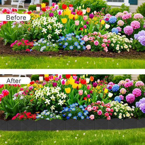 Before and after using 20 Ft Black Garden Edging Border Set With 20 Stakes 7.8 Inch High Landscape Edging For Flower Beds And Lawn Borders