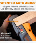 Pro Compact Pocket Hole Jig Kit With Auto Adjusting Drill Guide on wood, showing thickness adjustment.