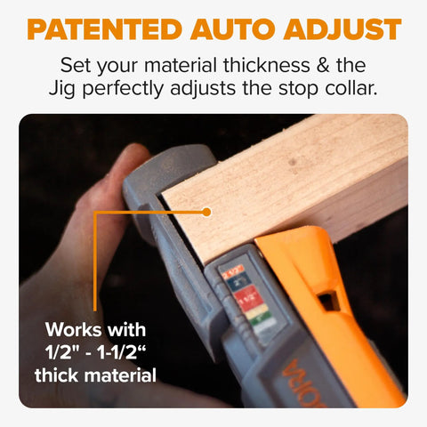 Heavy Duty Aluminum Pocket Hole Jig Kit With Auto Calibrating Clamp System And Fifty Premium Wood Screws For Knockout Furniture Joinery Right Out The Box Includes Square Drill Bit And Stop Collar Built Solid showing auto adjust feature for thickness measurement.