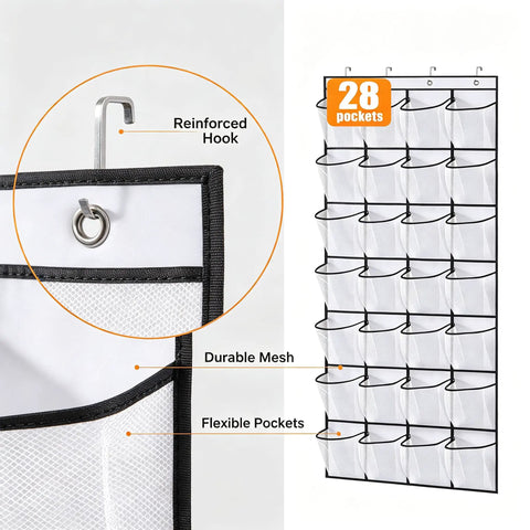 Over The Door Shoe Rack With 28 Spacious Pockets For Max Storage Capacity Breathable Mesh Hanging Shoe Organizer features reinforced hook and durable pockets.