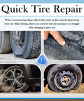All In One Tire Repair Kit With 100 Pcs Rubber Nails And 3 Plug Sizes For Quick Puncture Fixes, No Hassle Self Sealing And Self Service, Includes Screwdriver And Storage Box For On The Go Tire Repairs; close-up of punctured tire.