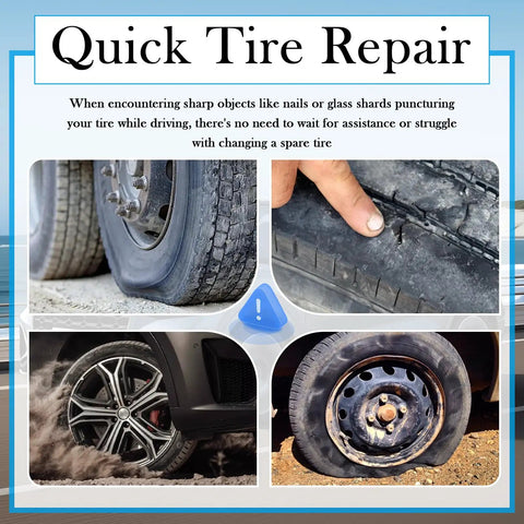 All In One Tire Repair Kit With 100 Pcs Rubber Nails And 3 Plug Sizes For Quick Puncture Fixes, No Hassle Self Sealing And Self Service, Includes Screwdriver And Storage Box For On The Go Tire Repairs; close-up of punctured tire.