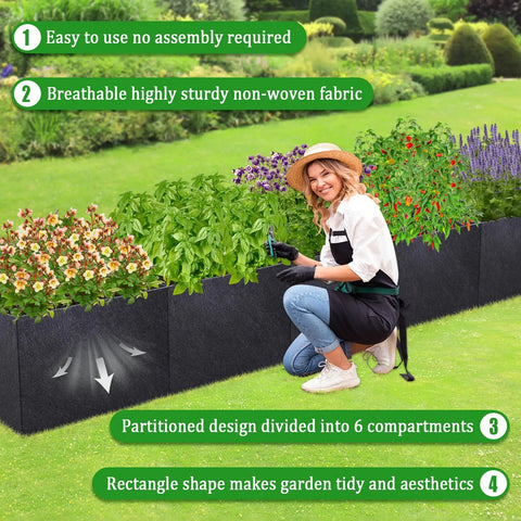 Garden with 12x2x1ft Fabric Raised Garden Bed For Outdoors Nonwoven Planter Box Easy Setup No Tools Needed, showing compartments