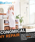 Woman in robe in modern bathroom, BlueStars economical DIY repair banner visible.