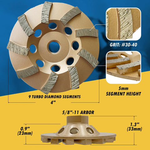 4 Inch Diamond Grinding Wheel For Concrete And Masonry, Turbo 9 Segments, 30 40 Grit, Medium Bond, Five Eighths By Eleven Arbor, Wet Or Dry Use, Multipurpose Grinding And Surface Prep For Leveling, Cleaning, And Coating Removal