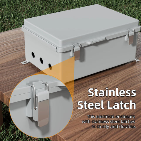 Front view of a gray plastic weatherproof junction box with stainless steel latch and three knockout holes