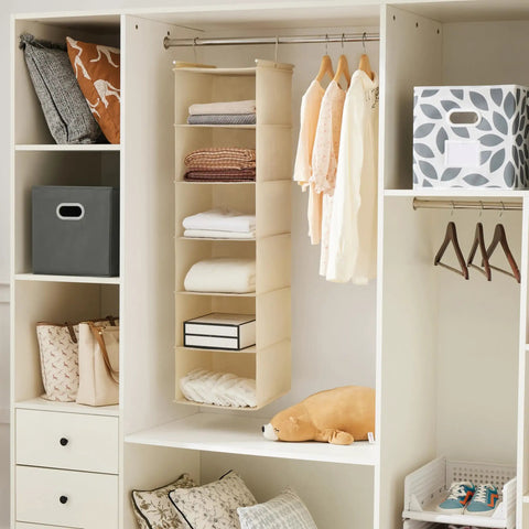 Six Tier Hanging Closet Organizer Shelf With Cloth Fabric And Two Sturdy Hooks Foldable Beige Storage in small closet