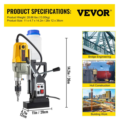 Beefy Magnetic Drill Press 1100W With 1.6 Inch Boring Diameter 580 RPM Max 2697lbf 12000N Tough Metal Drilling Power specs image