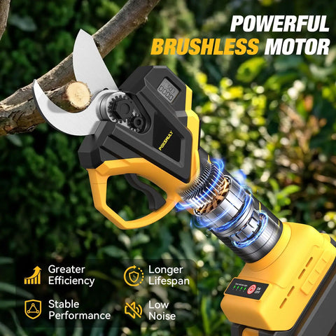 2-In-1 Electric Pruning Shears For 20V Max Battery Cordless Pole Pruner With 1.6-Inch Cutting Diameter Brushless Motor shown cutting branch