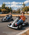 Two people driving McLaren Licensed 48V Electric Go Karts For Big Kids Hits 15 MPH in a neighborhood setting