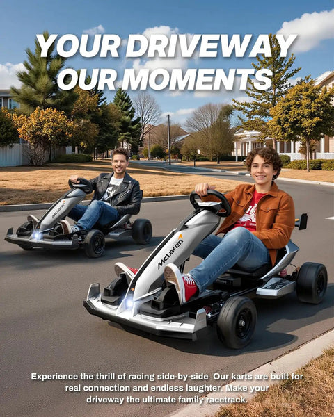 Two people driving McLaren Licensed 48V Electric Go Karts For Big Kids Hits 15 MPH in a neighborhood setting